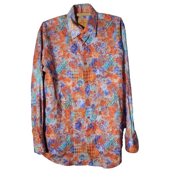R. Lewis Orange Blue Contemporary Fit Size Large 100% Cotton Square Button Up - Picture 11 of 11